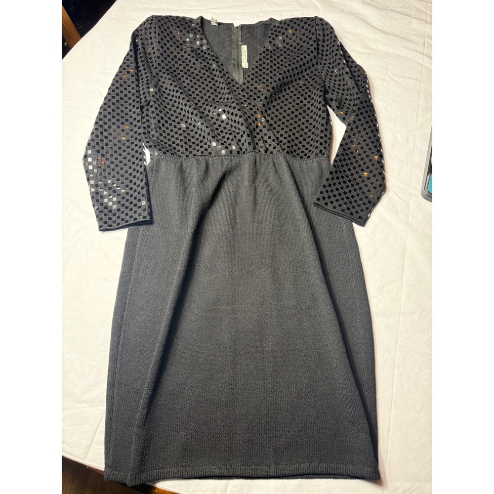 St. John Marie Gray Dress Women 10 Black Good Sequin Knit V-Neck Long Sleeve